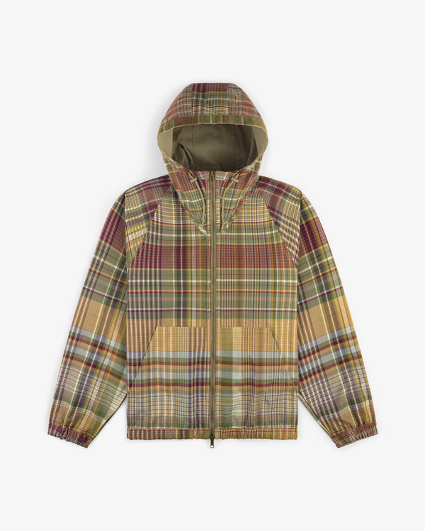 Reversible Madras Windbreaker with multicolored plaid, front zipper, and two pockets, shown on white background.