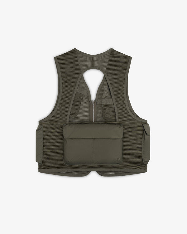 Nylon Utility Vest in olive green features mesh fabric, large back pocket, side pockets, and an open back.