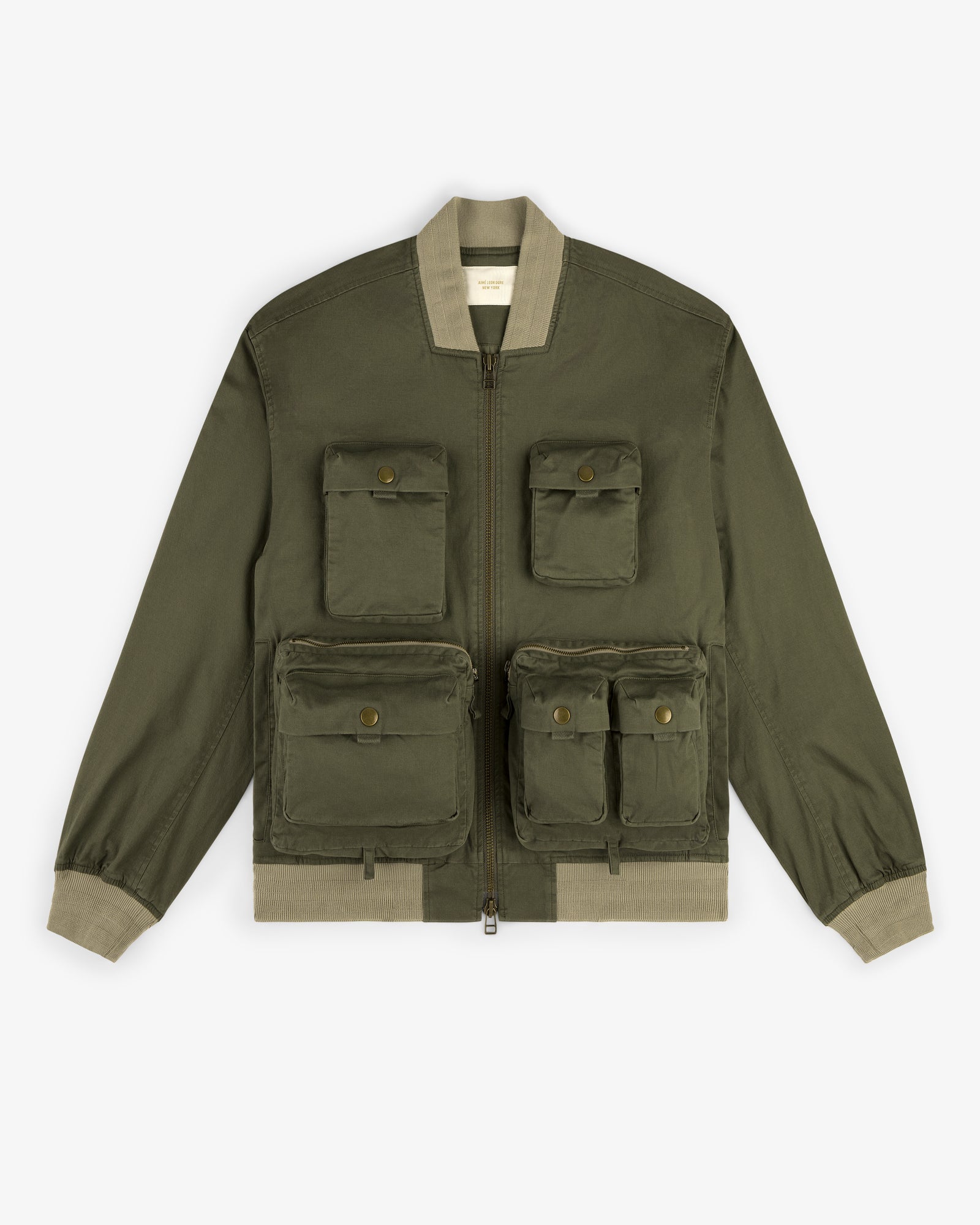 Safari Utility Bomber in olive green with four front flap pockets and beige ribbed cuffs, collar, and waistband.