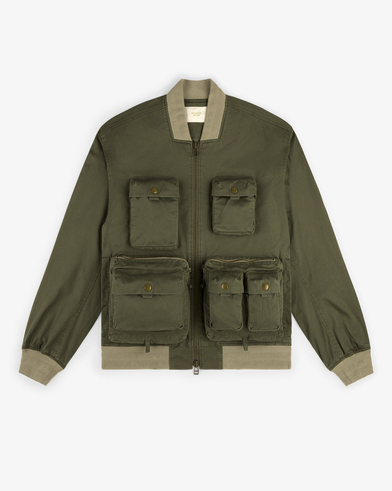 Safari Utility Bomber in olive green with four front flap pockets and beige ribbed cuffs, collar, and waistband.
