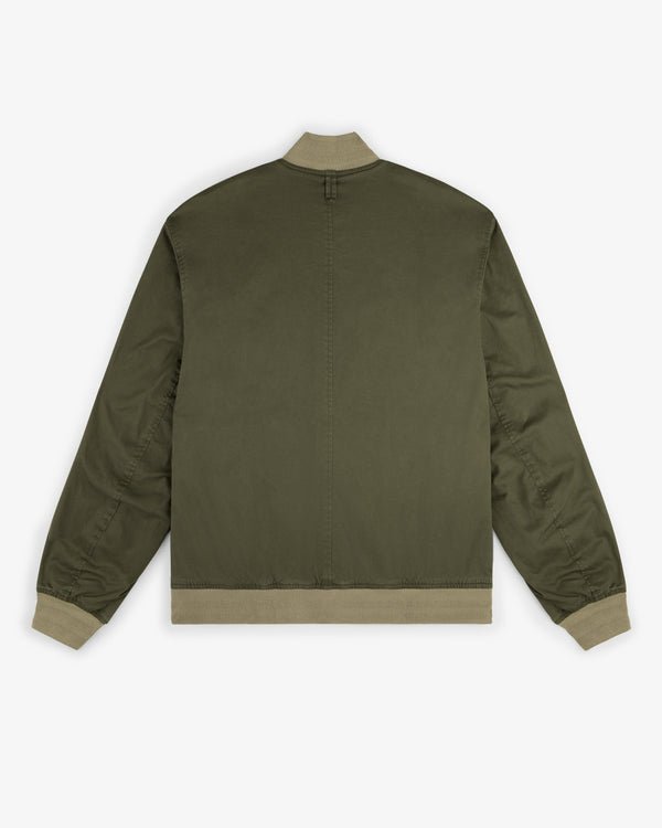 Safari Utility Bomber in olive green, featuring beige cuffs, collar, and waistband, shown from the back on white.