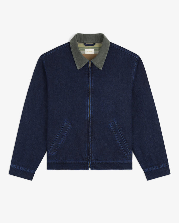 The Denim Zip Jacket features dark blue denim, an olive green collar, and two front pockets, shown laid flat.