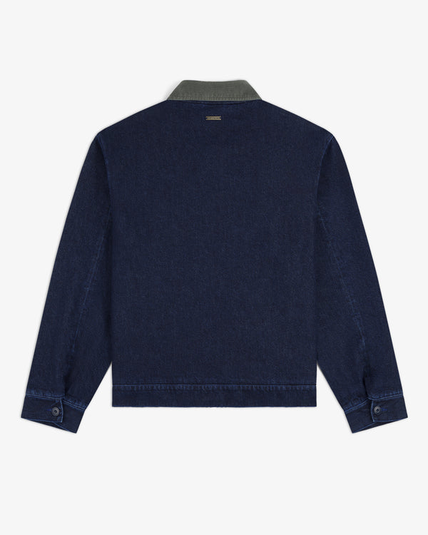 Back view of Denim Zip Jacket in dark blue with a contrasting olive green collar.