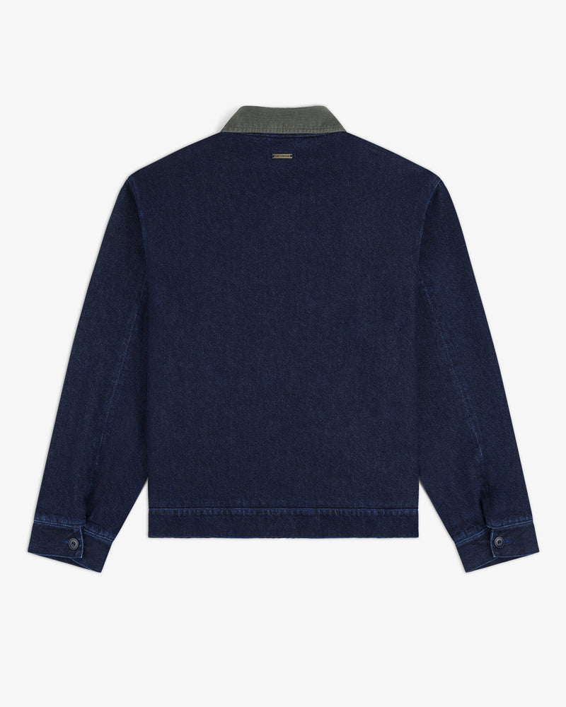 Back view of Denim Zip Jacket in dark blue with a contrasting olive green collar.