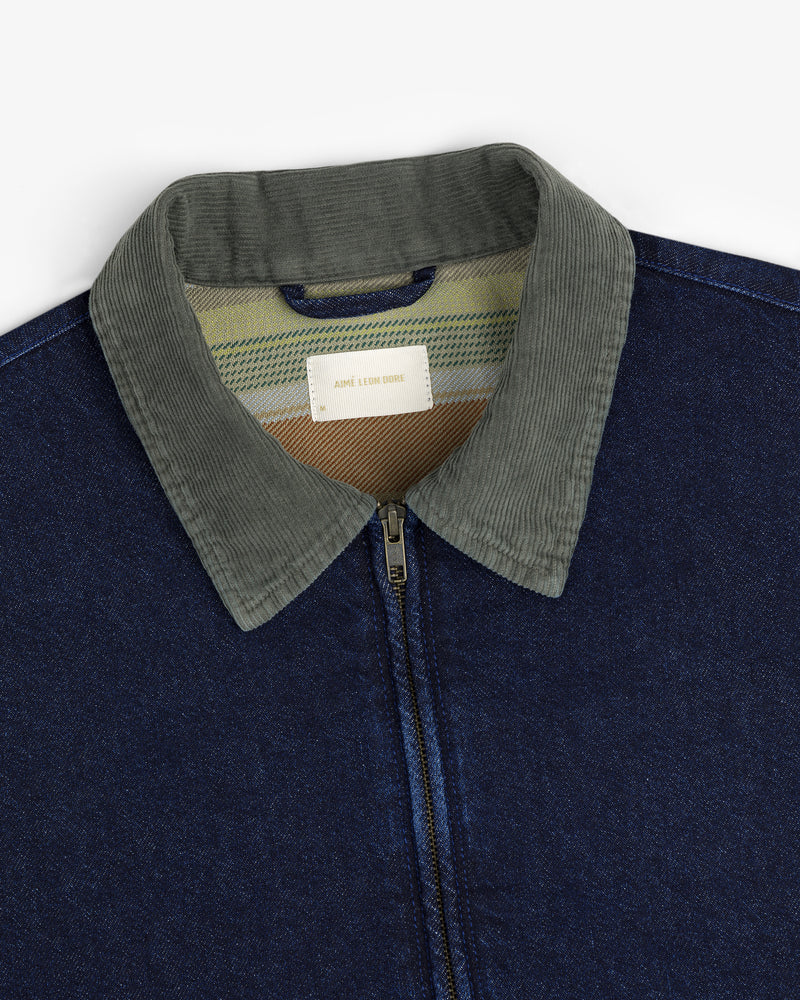 Denim Zip Jacket with green corduroy collar, zip closure, and striped lining visible near the label.