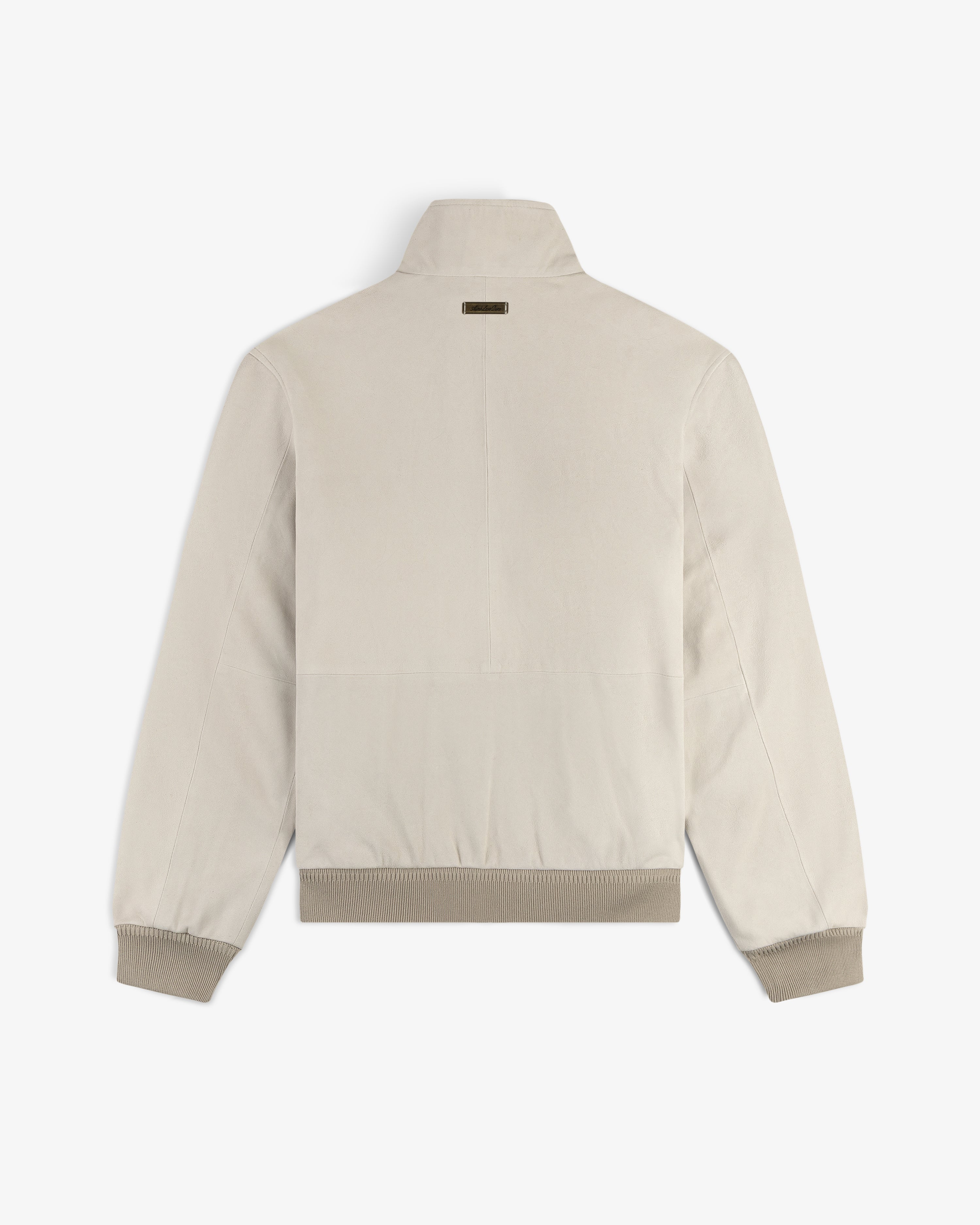 Beige Suede Track Jacket shown from the back with ribbed cuffs, hem, and a small tag near the collar.