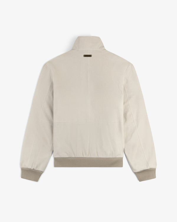 Beige Suede Track Jacket shown from the back with ribbed cuffs, hem, and a small tag near the collar.