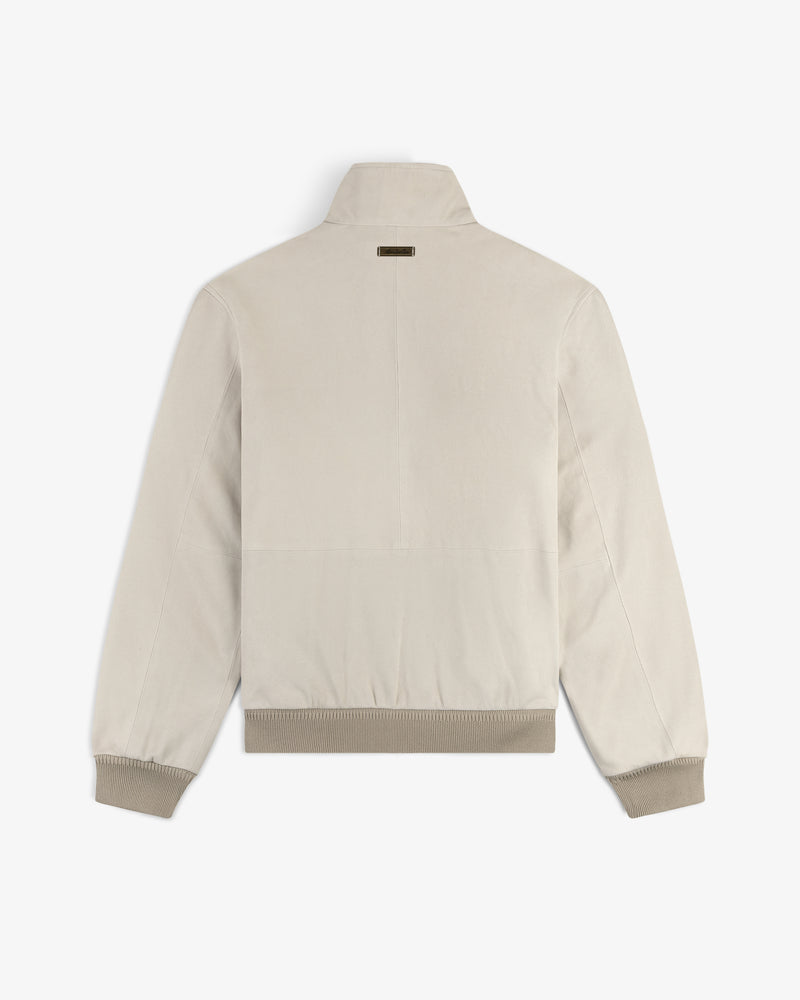 Beige Suede Track Jacket shown from the back with ribbed cuffs, hem, and a small tag near the collar.