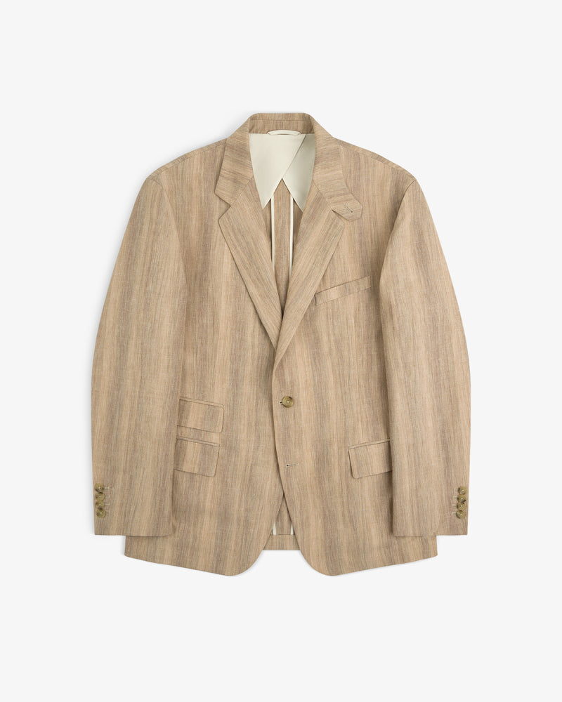 Light brown Single-Breasted Safari Suit Jacket with peaked lapels and three front pockets, on a white background.
