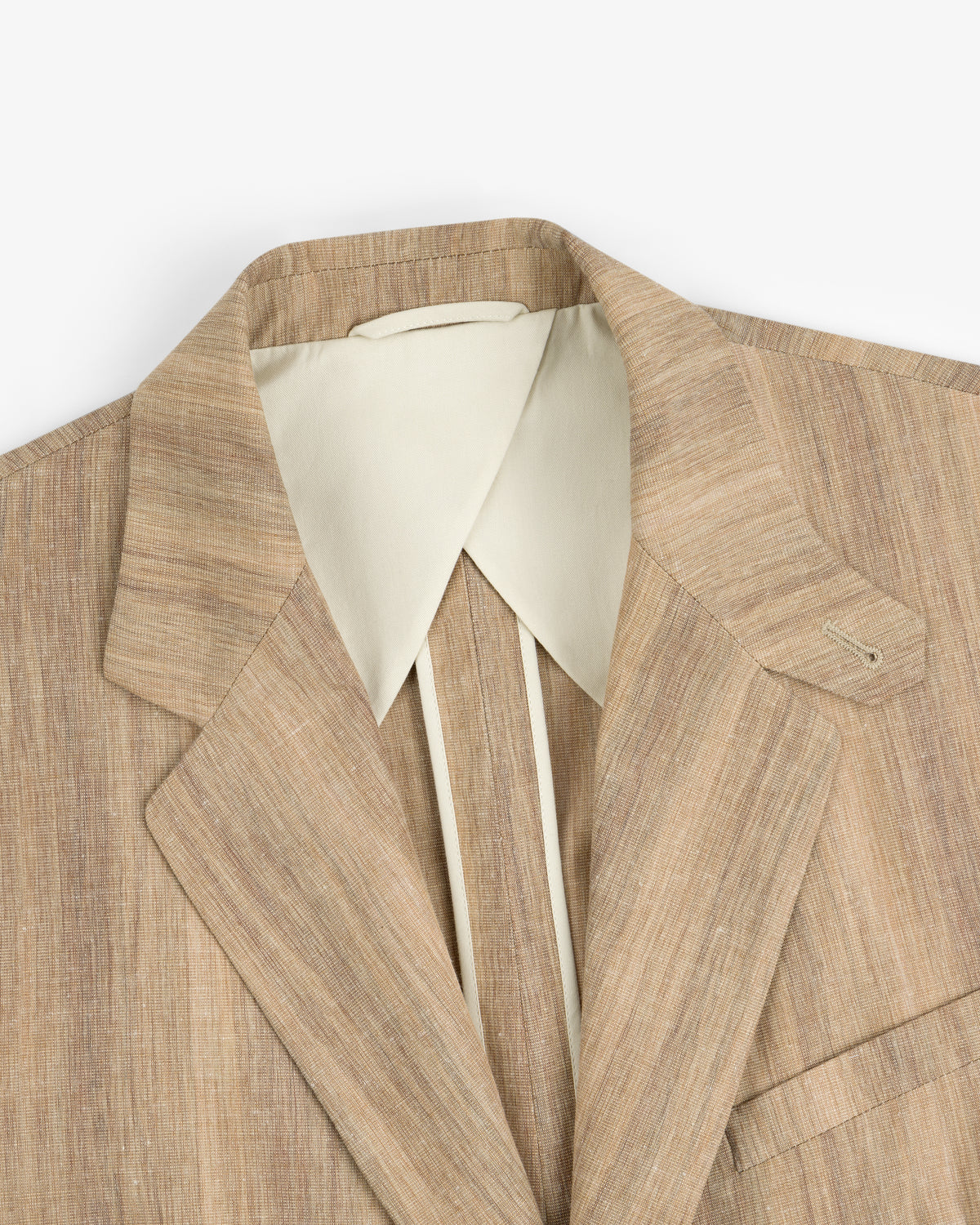 Light brown Single-Breasted Safari Suit Jacket with wide lapel over a cream dress shirt, shown from the shoulders up.