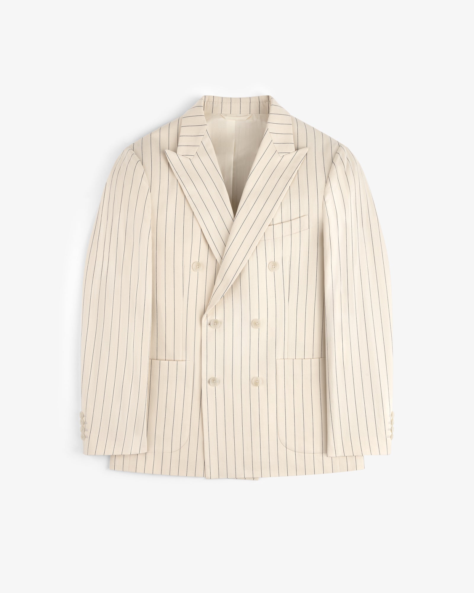 Double-Breasted Pinstripe Suit Jacket in cream with notched lapels and front pockets, shown on a white background.