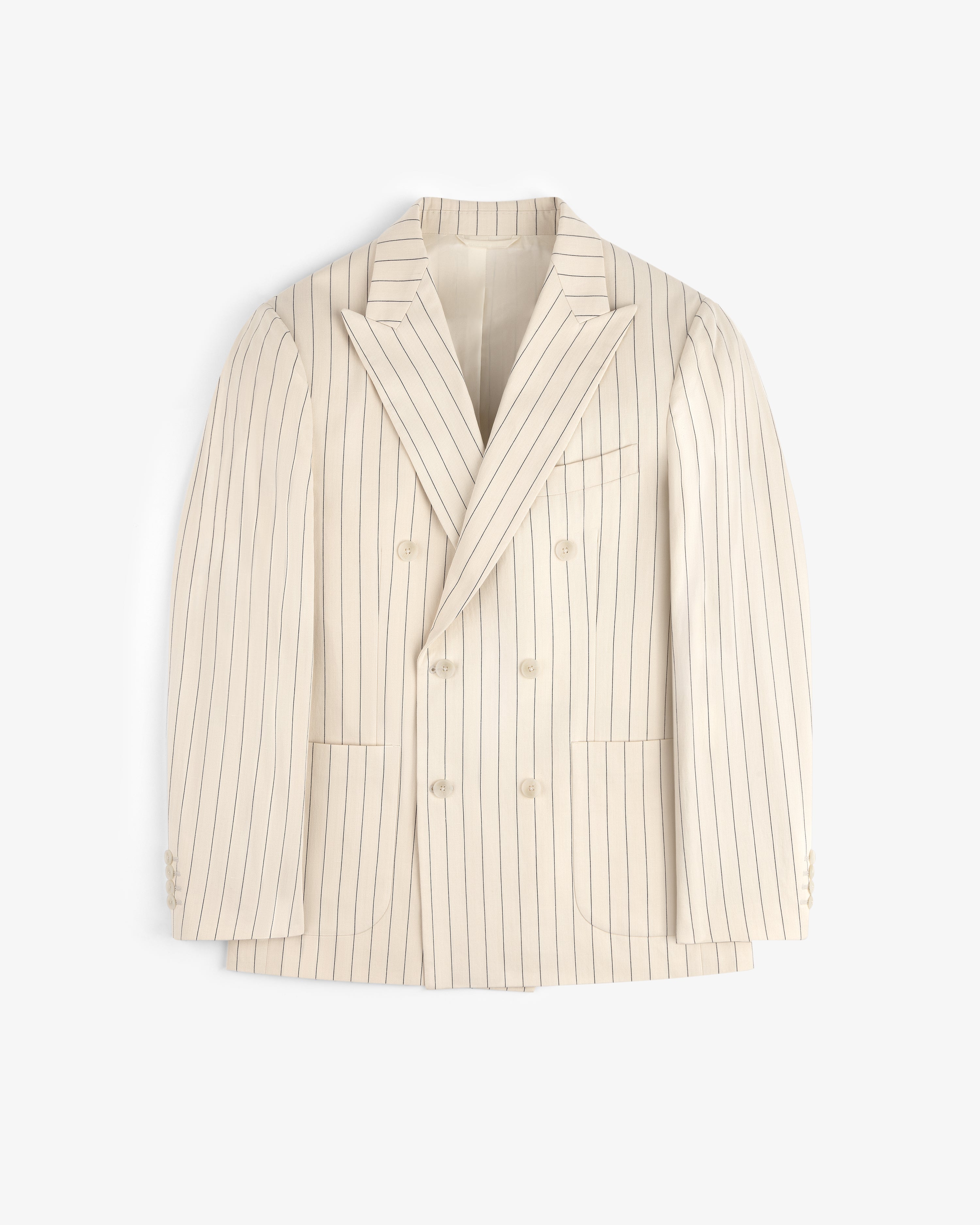 Double-Breasted Pinstripe Suit Jacket in cream with notched lapels and front pockets, shown on a white background.