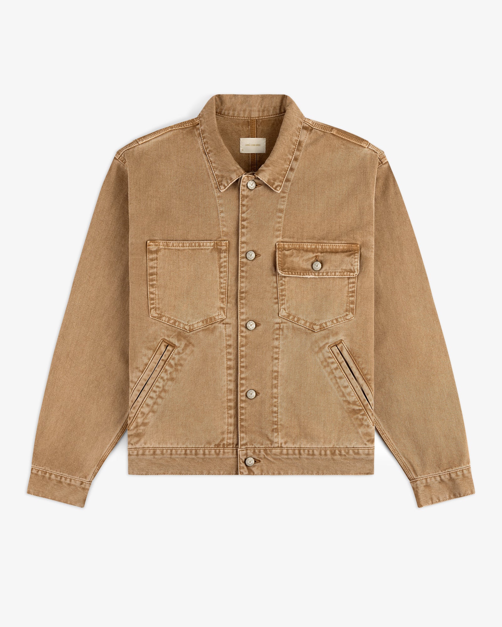 Light brown Denim Trucker Jacket with silver buttons, three front pockets, and long sleeves on a white background.