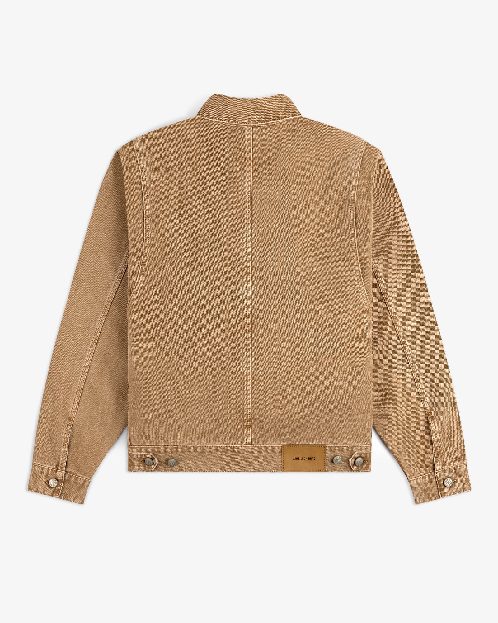Tan Denim Trucker Jacket shown from the back with buttoned cuffs and a brown rectangular patch near the hem.