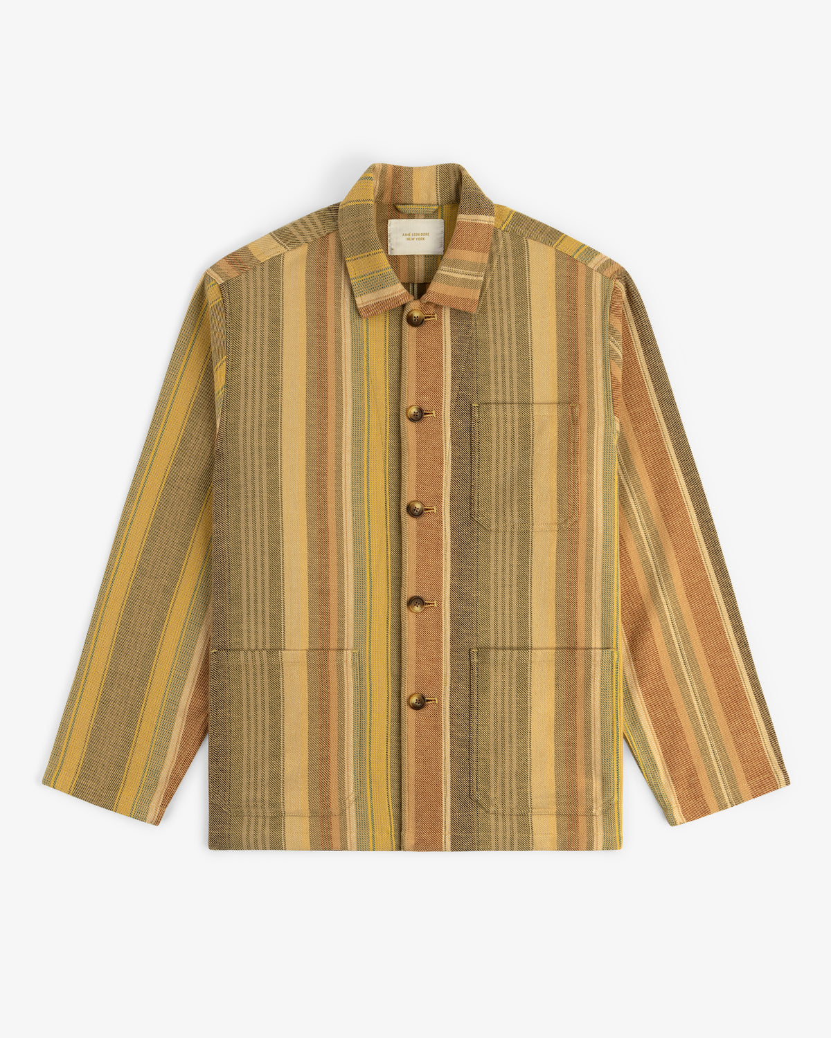 Blanket Striped Chore Jacket with vertical yellow, brown, and beige stripes, long sleeves, and three front pockets.
