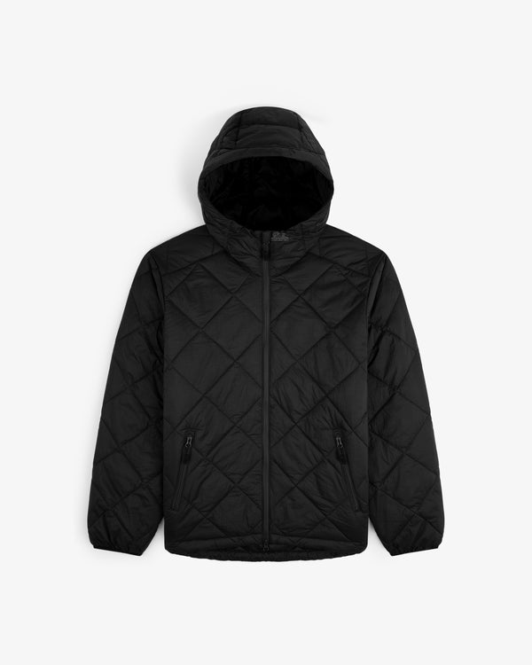Nylon Quilted Unisphere Jacket with hood, front zipper, and zippered side pockets, laid flat on white background.