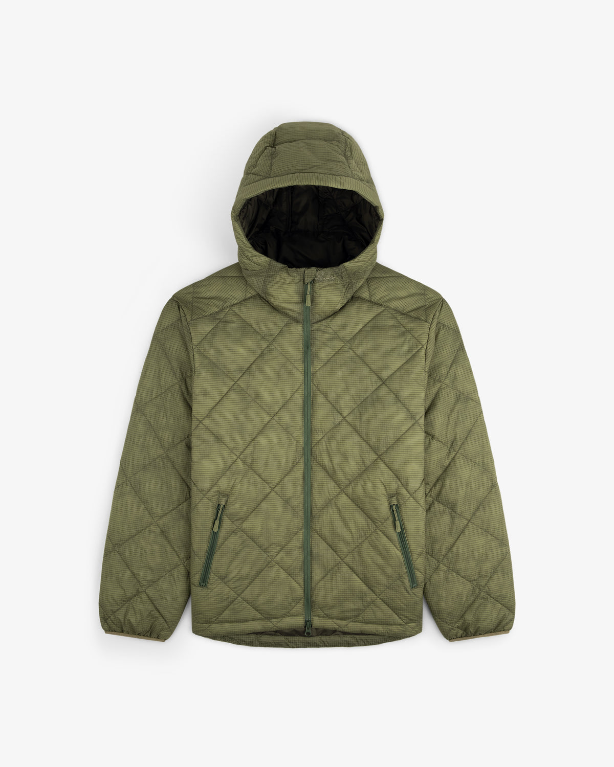 Nylon Quilted Unisphere Jacket in olive green with hood, front zipper, and two zipped pockets, laid flat on white.