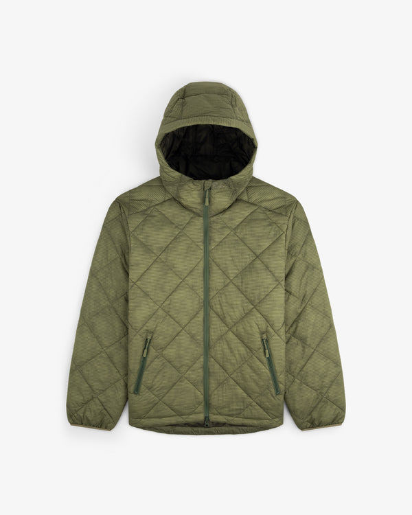 Nylon Quilted Unisphere Jacket in olive green with hood, front zipper, and two zipped pockets, laid flat on white.