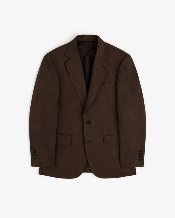 Single-Breasted Linen Blend Suit Jacket in dark brown with notch lapels, two buttons, and front flap pockets.