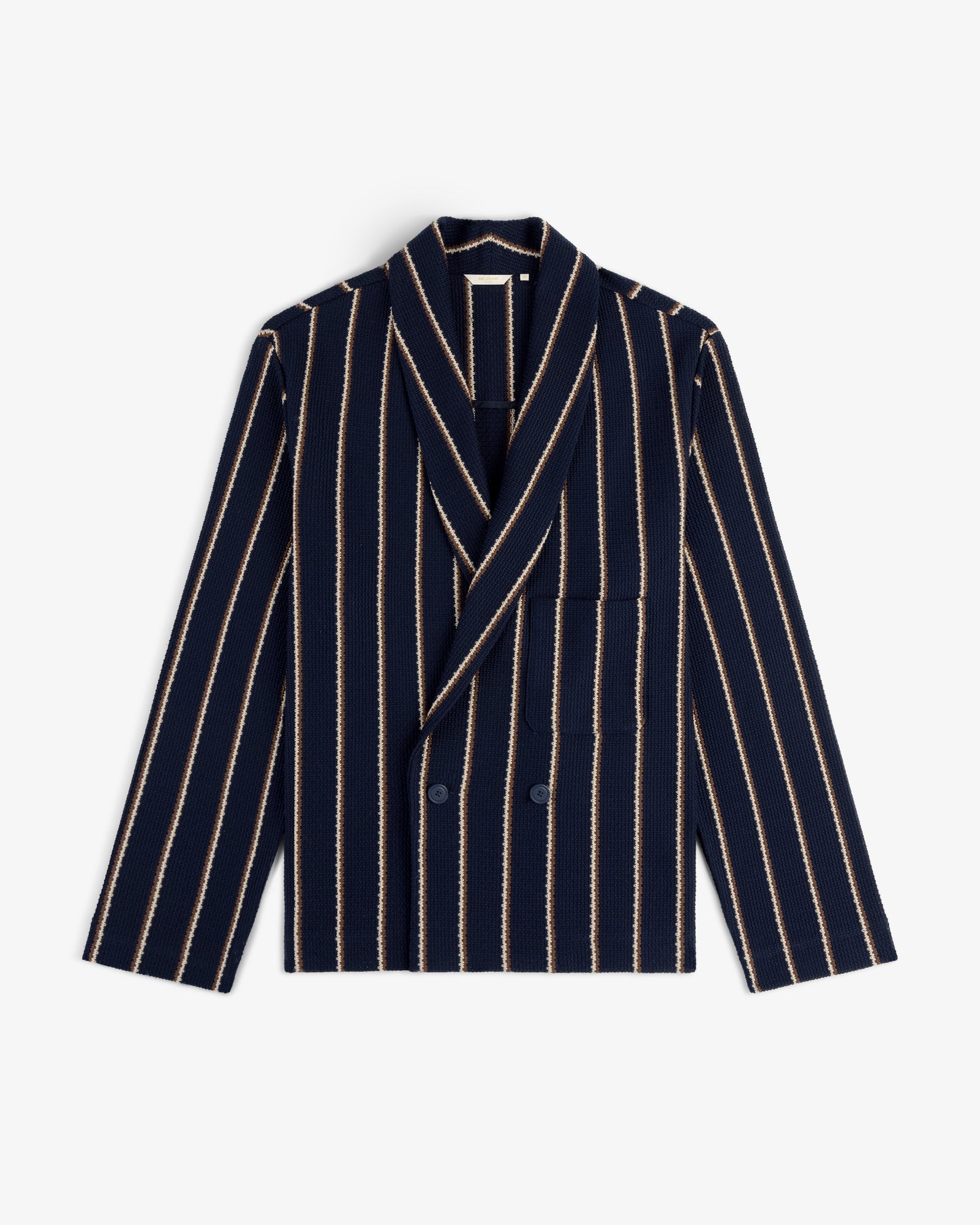 Striped Jacquard Shawl Collar Jacket in navy with beige stripes, double-breasted, featuring front pockets.