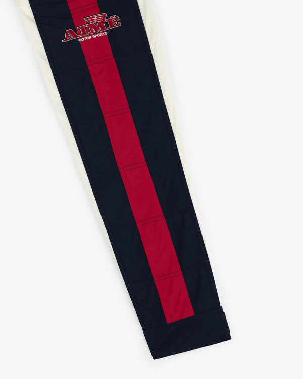 Navy and red Nylon Moto Jacket with ATMS MOTOR SPORTS logo and white side panels.