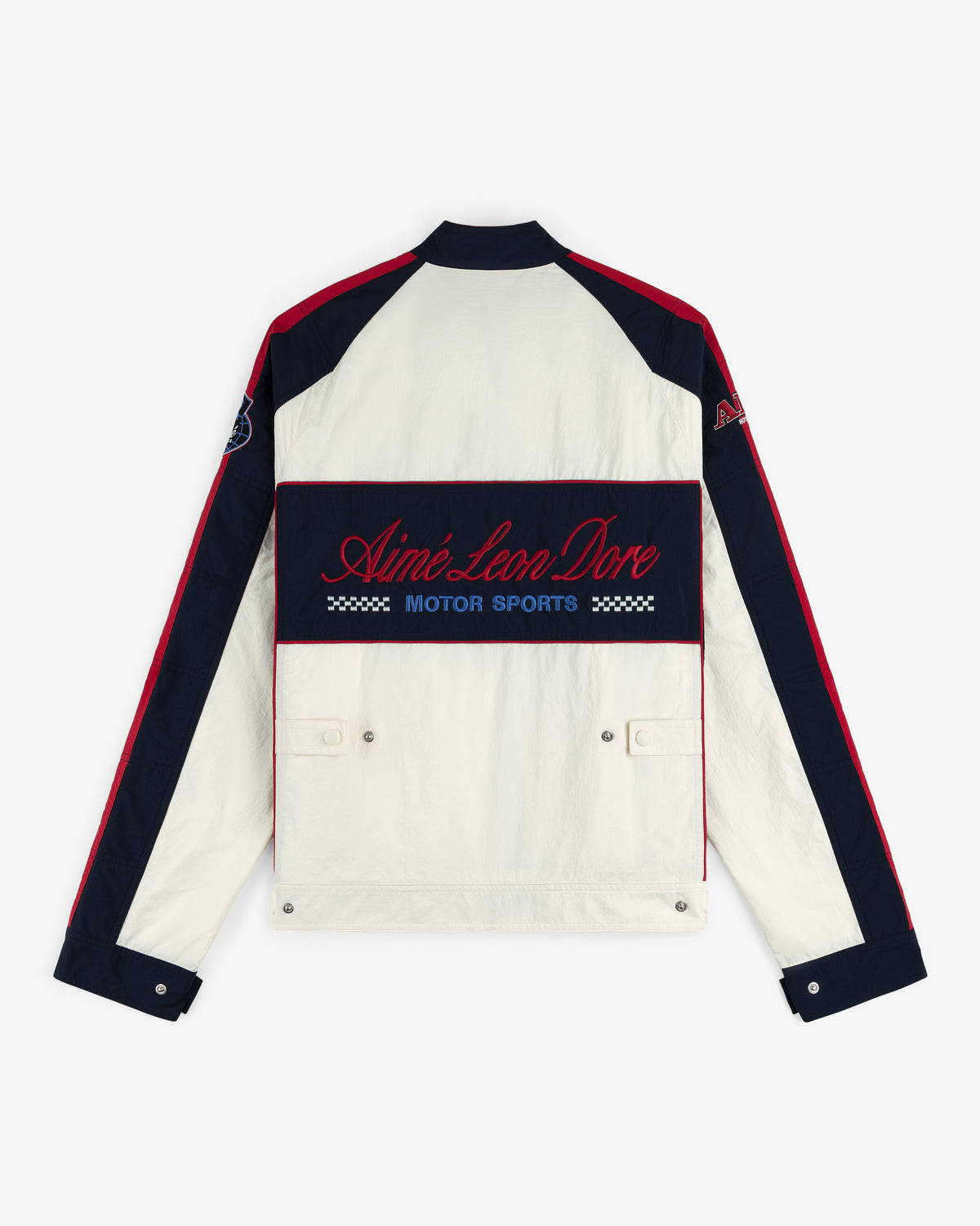 Back view of the Nylon Moto Jacket in white with red/navy accents and Aimé Leon Dore Motor Sports embroidery on back.