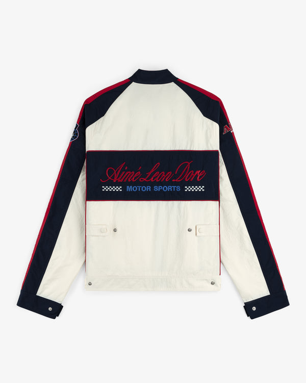 Back view of the Nylon Moto Jacket in white with red/navy accents and Aimé Leon Dore Motor Sports embroidery on back.