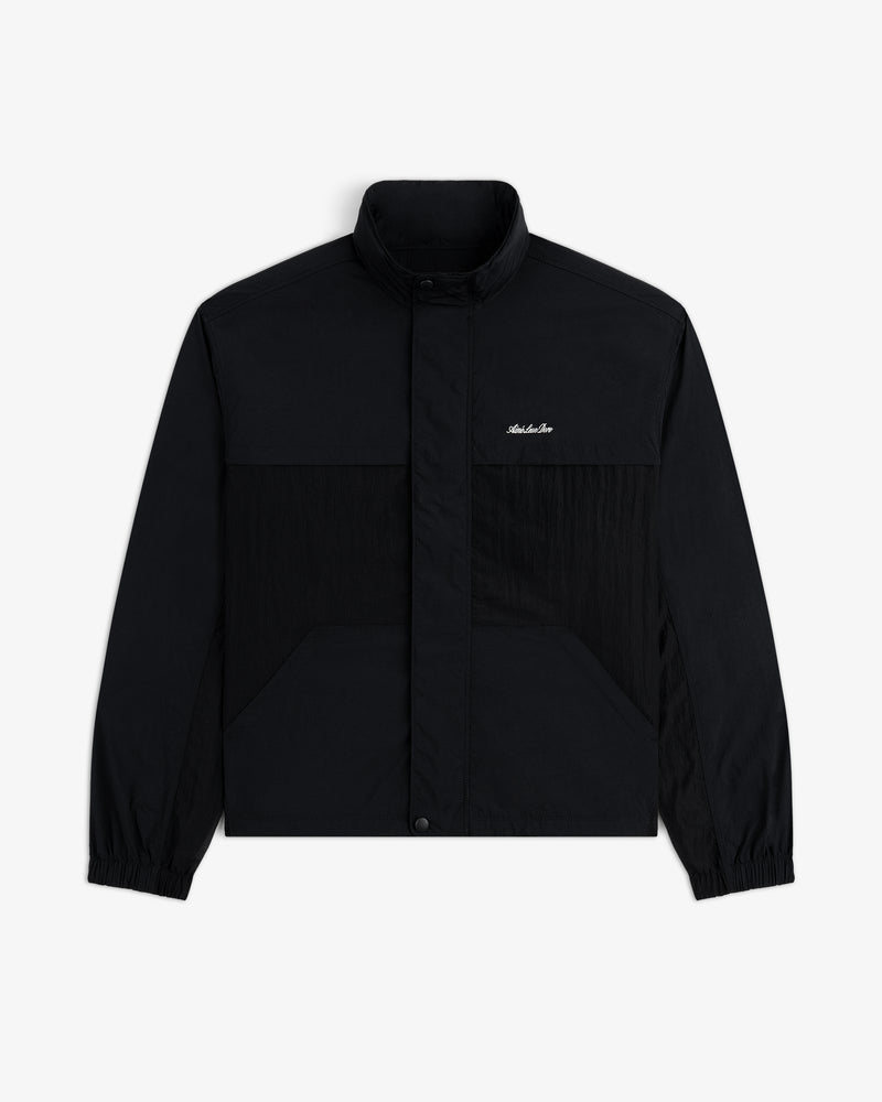Nylon Track Jacket with high collar, front snap closure, and small white logo on the left chest.