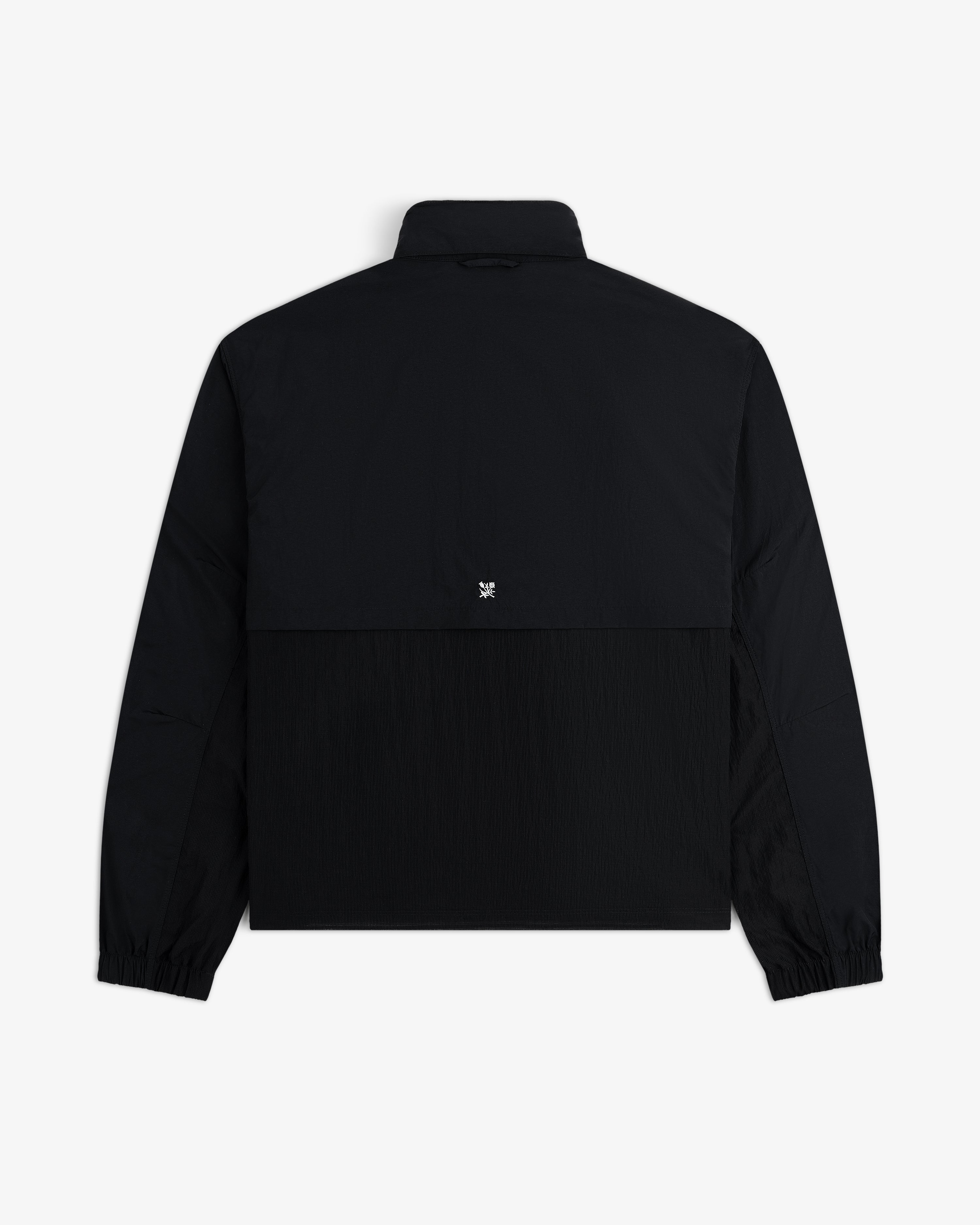 Black Nylon Track Jacket with long sleeves, viewed from the back with a small white logo at the center.