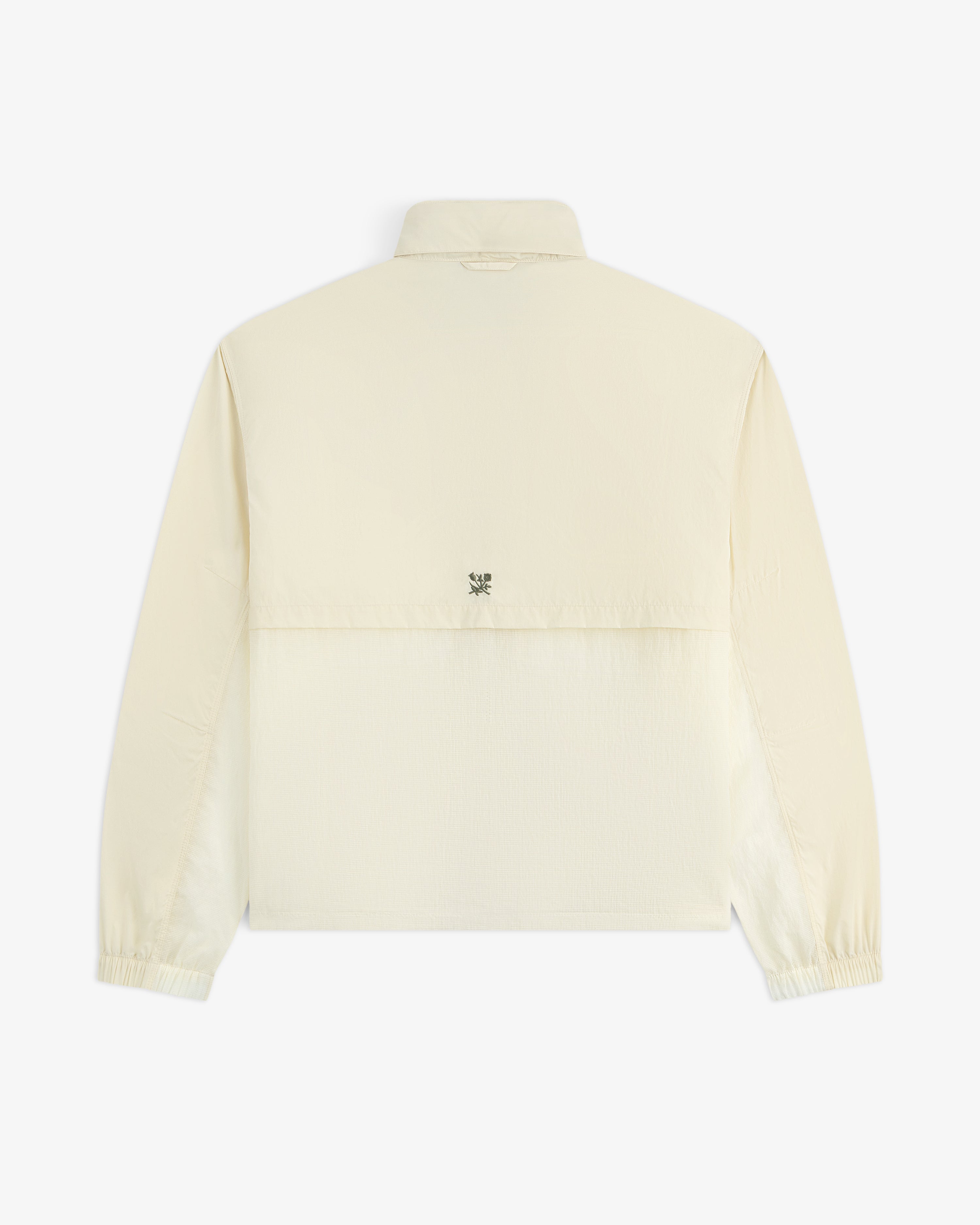 Back view of the Nylon Track Jacket in light beige, long sleeves, collar, elastic cuffs, and small logo below the collar.