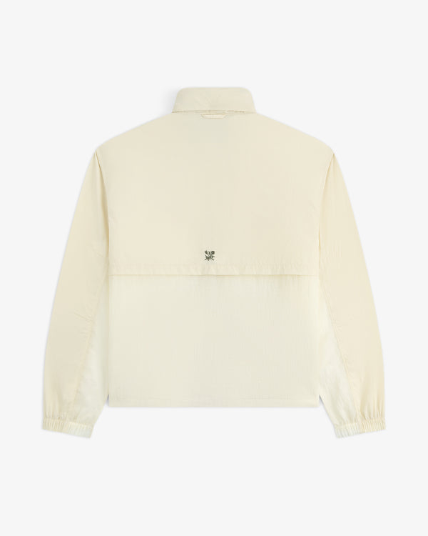 Back view of the Nylon Track Jacket in light beige, long sleeves, collar, elastic cuffs, and small logo below the collar.