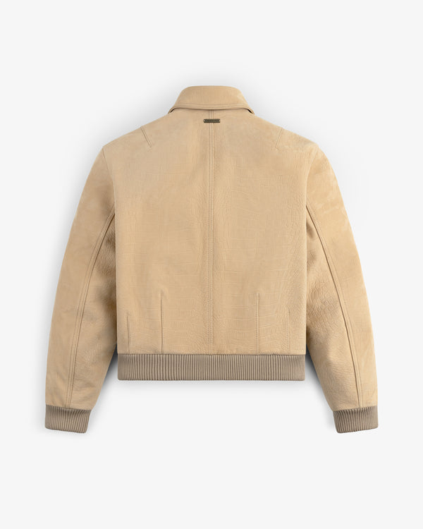 Croc-Embossed Nubuck Bomber Jacket with ribbed cuffs and hem, shown from the back on a white background.