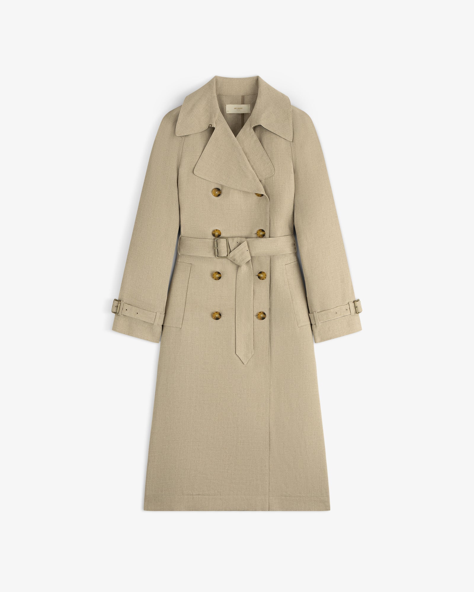 Linen Trench Coat: Beige, double-breasted with belt, wide lapels, and button accents on front and cuffs.
