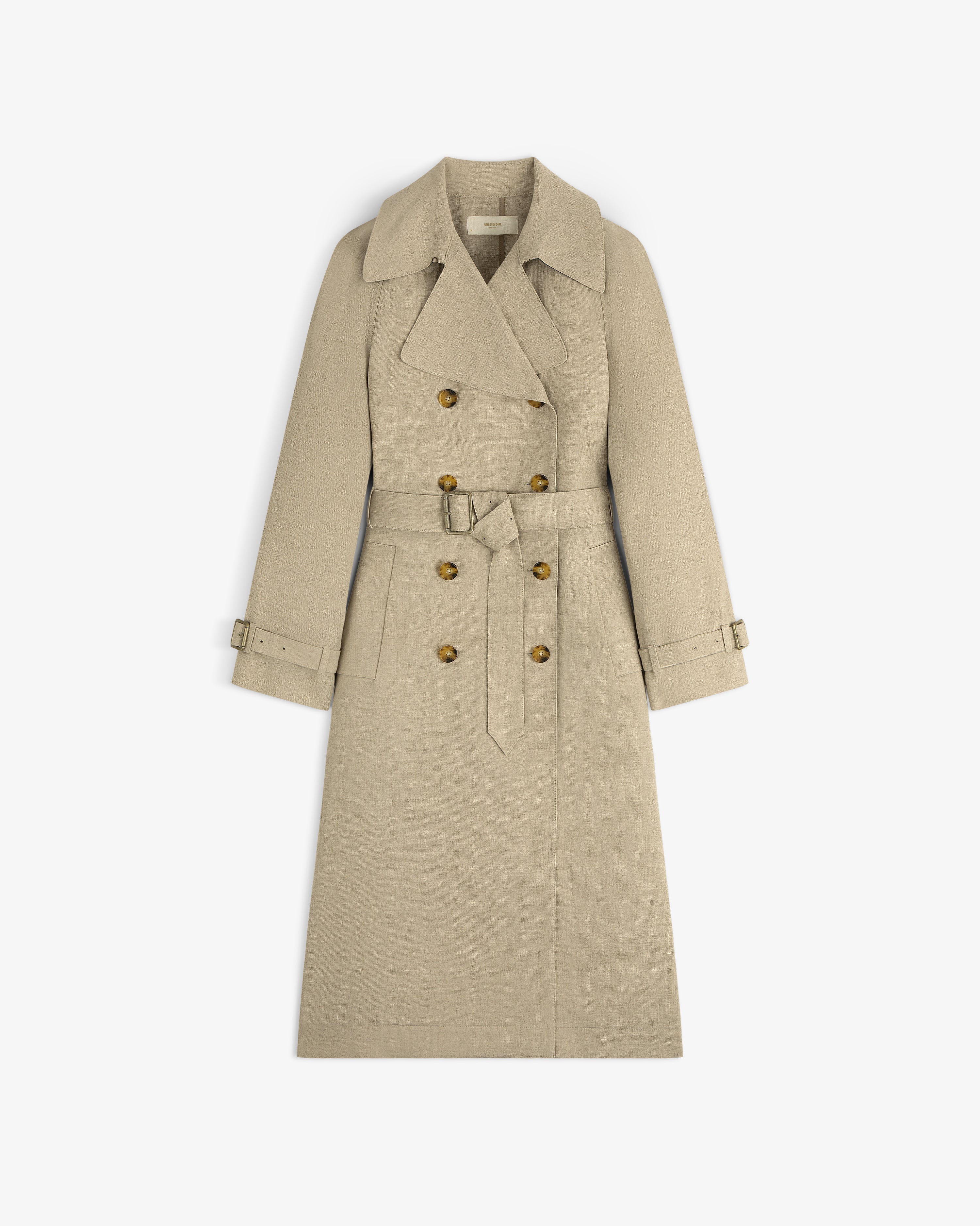 Linen Trench Coat: Beige, double-breasted with belt, wide lapels, and button accents on front and cuffs.