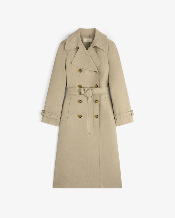 Linen Trench Coat: Beige, double-breasted with belt, wide lapels, and button accents on front and cuffs.