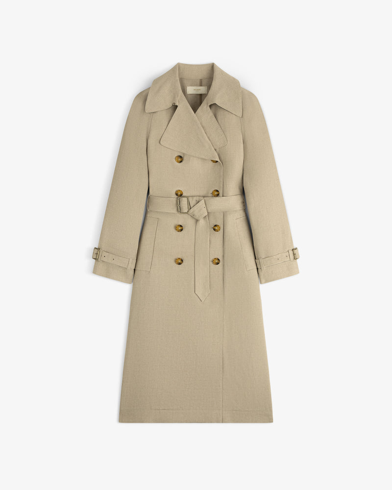 Linen Trench Coat: Beige, double-breasted with belt, wide lapels, and button accents on front and cuffs.