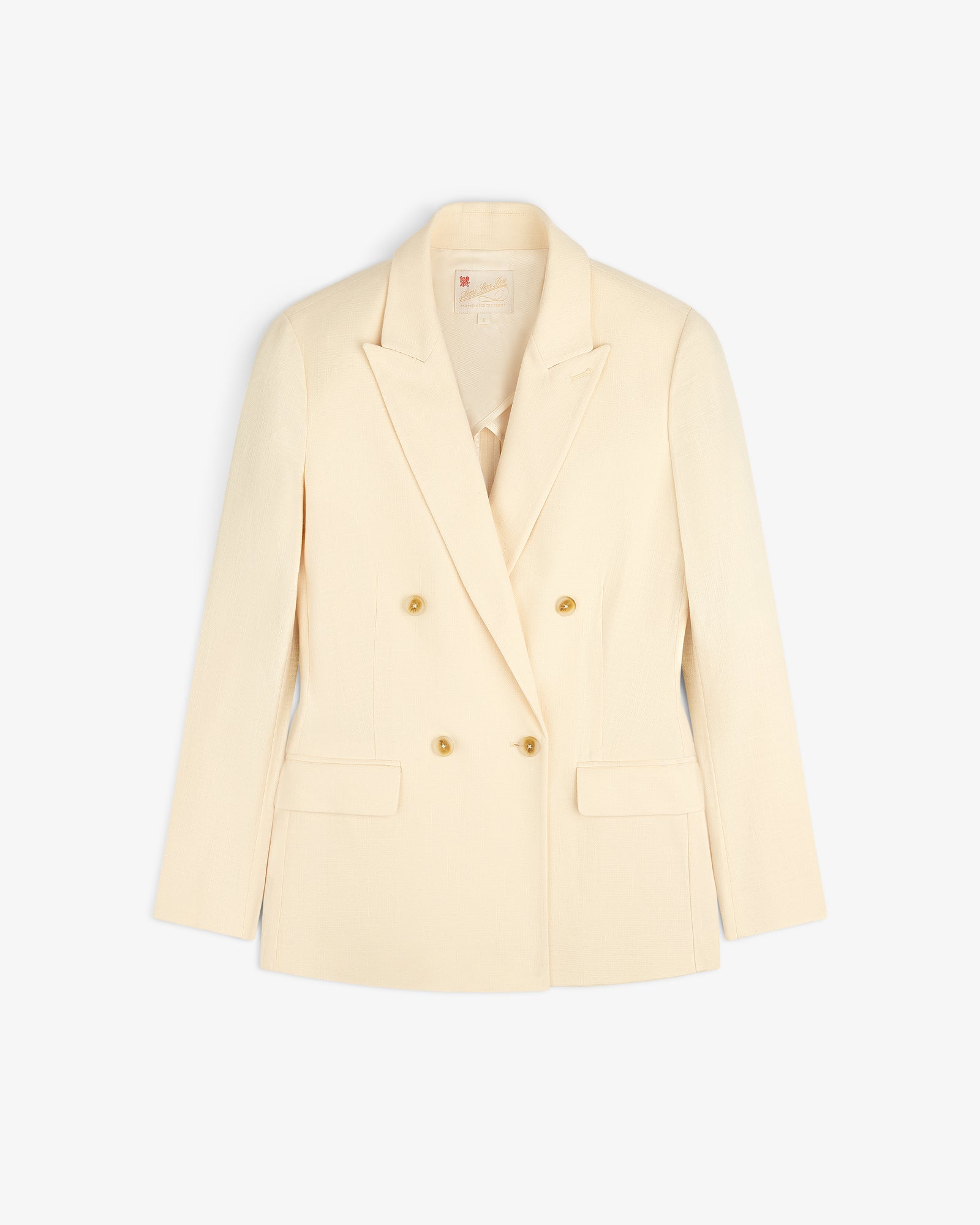 Double-Breasted Unconstructed Blazer in cream with gold buttons and flap pockets, shown on a white background.