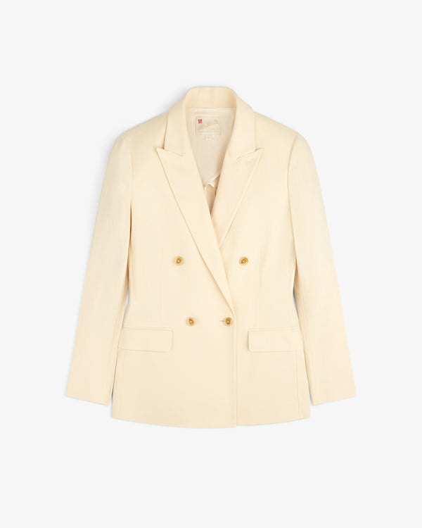Double-Breasted Unconstructed Blazer in cream with gold buttons and flap pockets, shown on a white background.