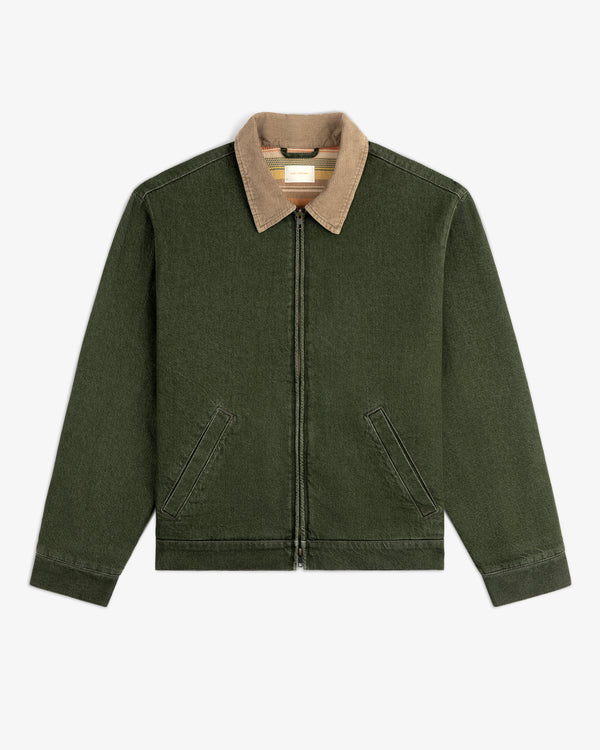 Denim Zip Jacket in olive green with a tan corduroy collar, front zipper, and two angled front pockets, on white background.