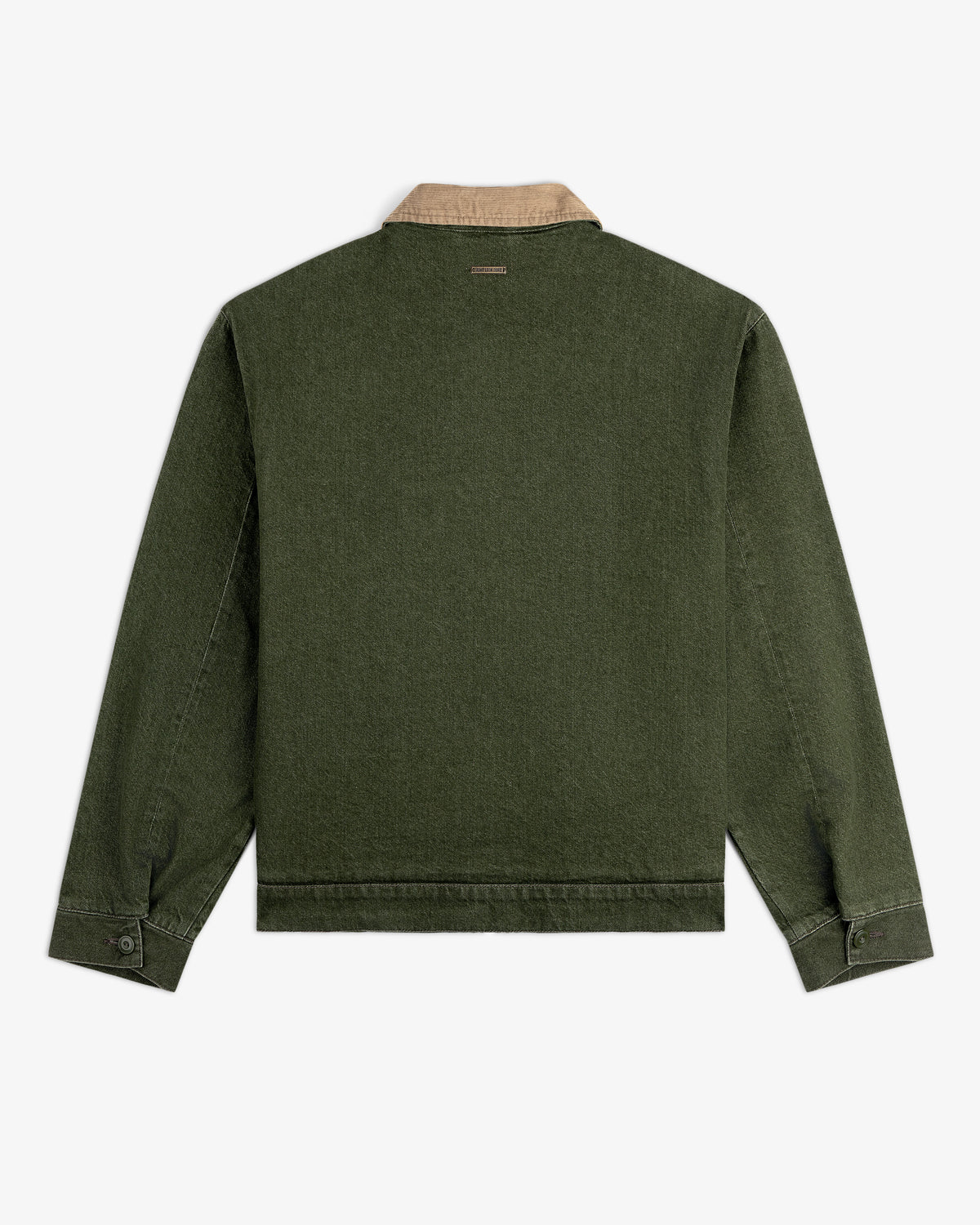 Back view of the Denim Zip Jacket in green with a beige collar, long sleeves, and buttoned cuffs on white background.