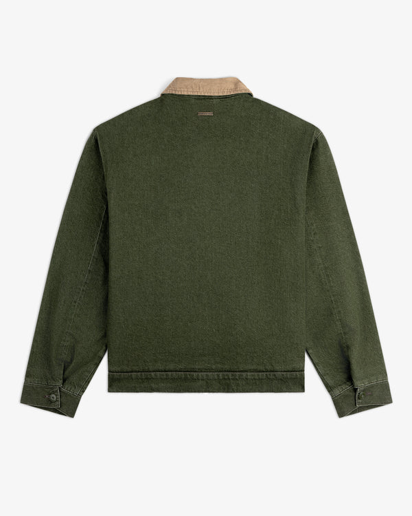 Back view of the Denim Zip Jacket in green with a beige collar, long sleeves, and buttoned cuffs on white background.