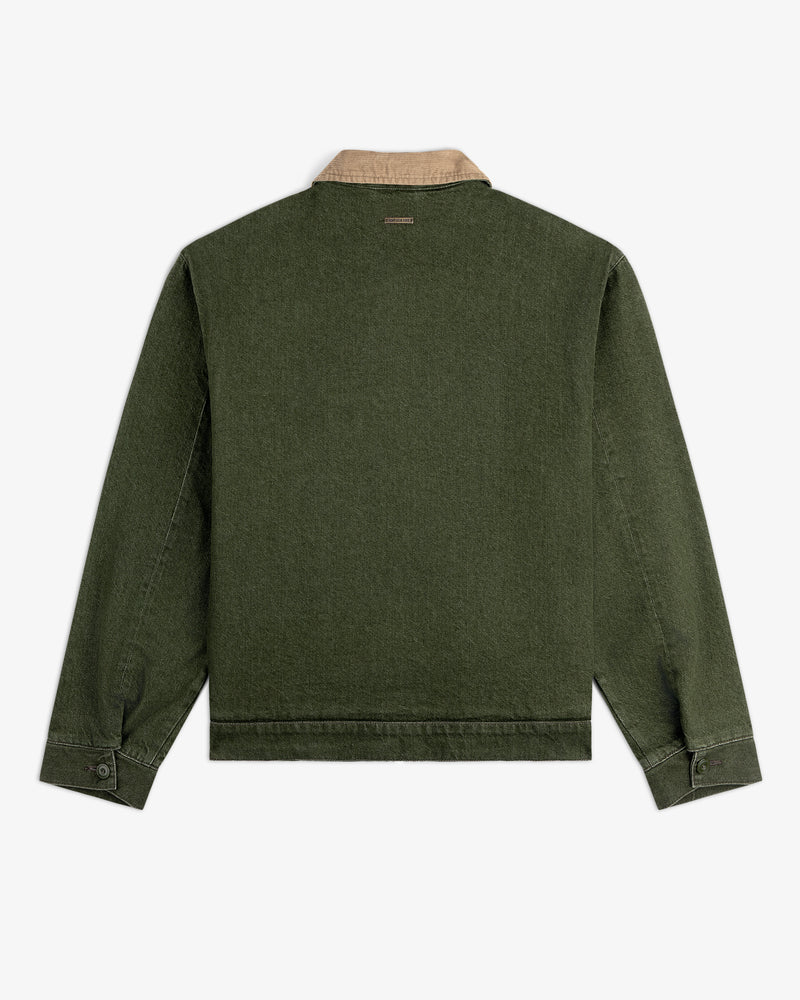 Back view of the Denim Zip Jacket in green with a beige collar, long sleeves, and buttoned cuffs on white background.