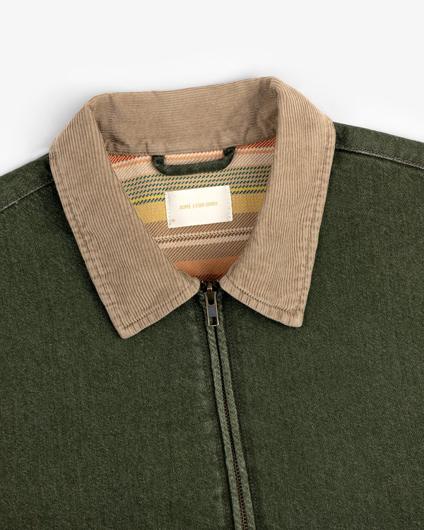 Denim Zip Jacket in olive green with tan corduroy collar, zipper, striped lining, and label.