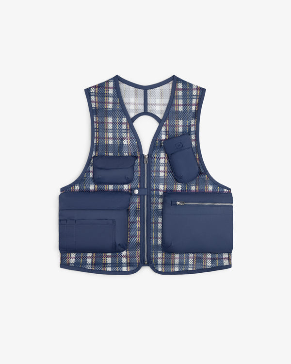 Nylon Madras Utility Vest: blue plaid, mesh fabric, front zipper, and multiple front pockets.