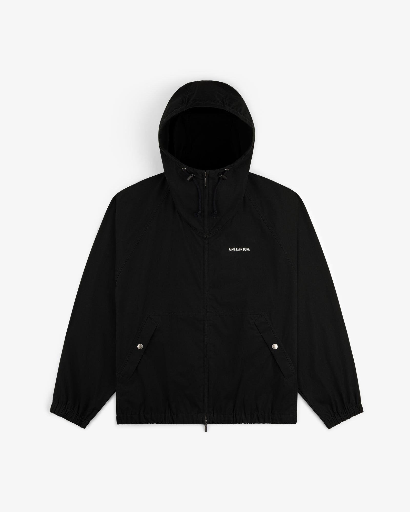 Micro Logo Lightweight Jacket in black with hood, zip-up front, front pockets, and small white chest text on white background.
