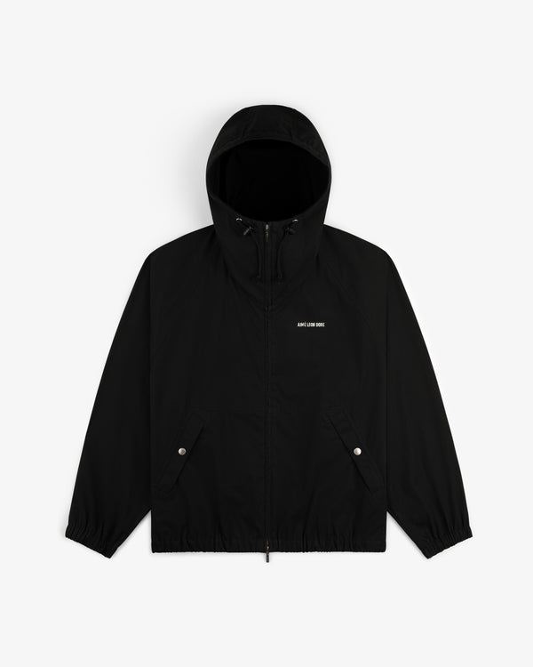 Micro Logo Lightweight Jacket in black with hood, zip-up front, front pockets, and small white chest text on white background.