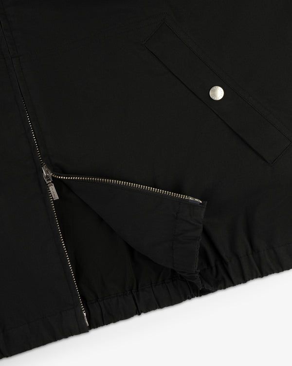 Close-up of the Micro Logo Lightweight Jacket in black, featuring a zippered opening and a silver snap-button pocket.