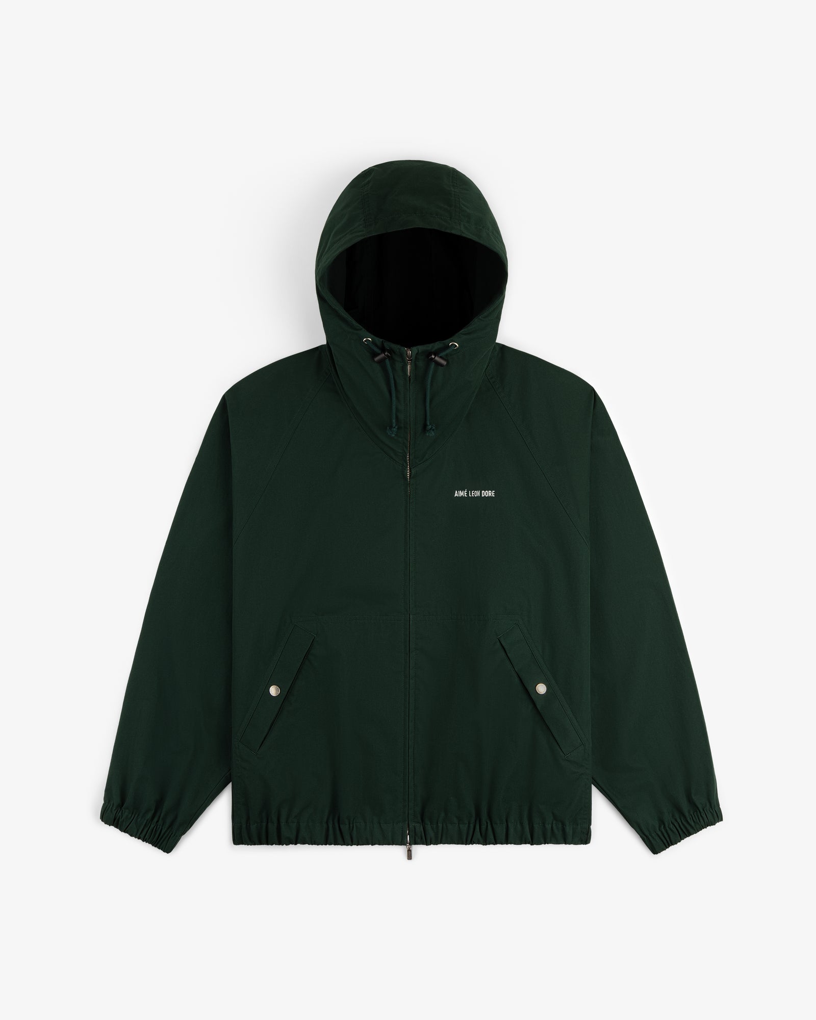 Micro Logo Lightweight Jacket in dark green features a hood, front zipper, snap pockets, and chest text.