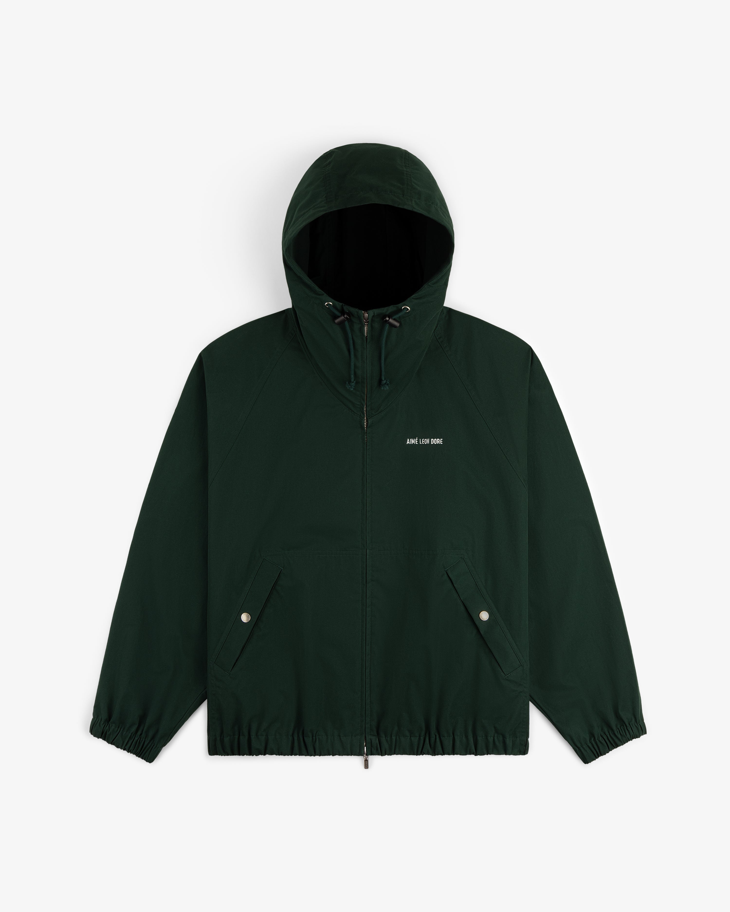 Micro Logo Lightweight Jacket in dark green features a hood, front zipper, snap pockets, and chest text.