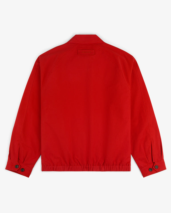 The Crest Casual Jacket in bright red, long-sleeve, features cuff buttons, shown from the back on white.